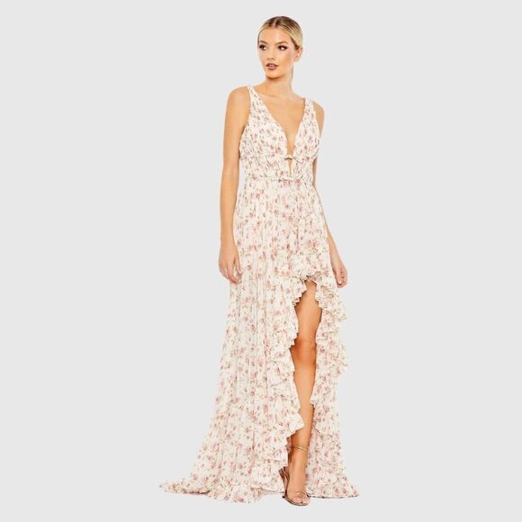 MAC DUGGAL  White Multicolor Floral Print Sleeveless Ruffled High-Low Gown - Picture 2 of 13